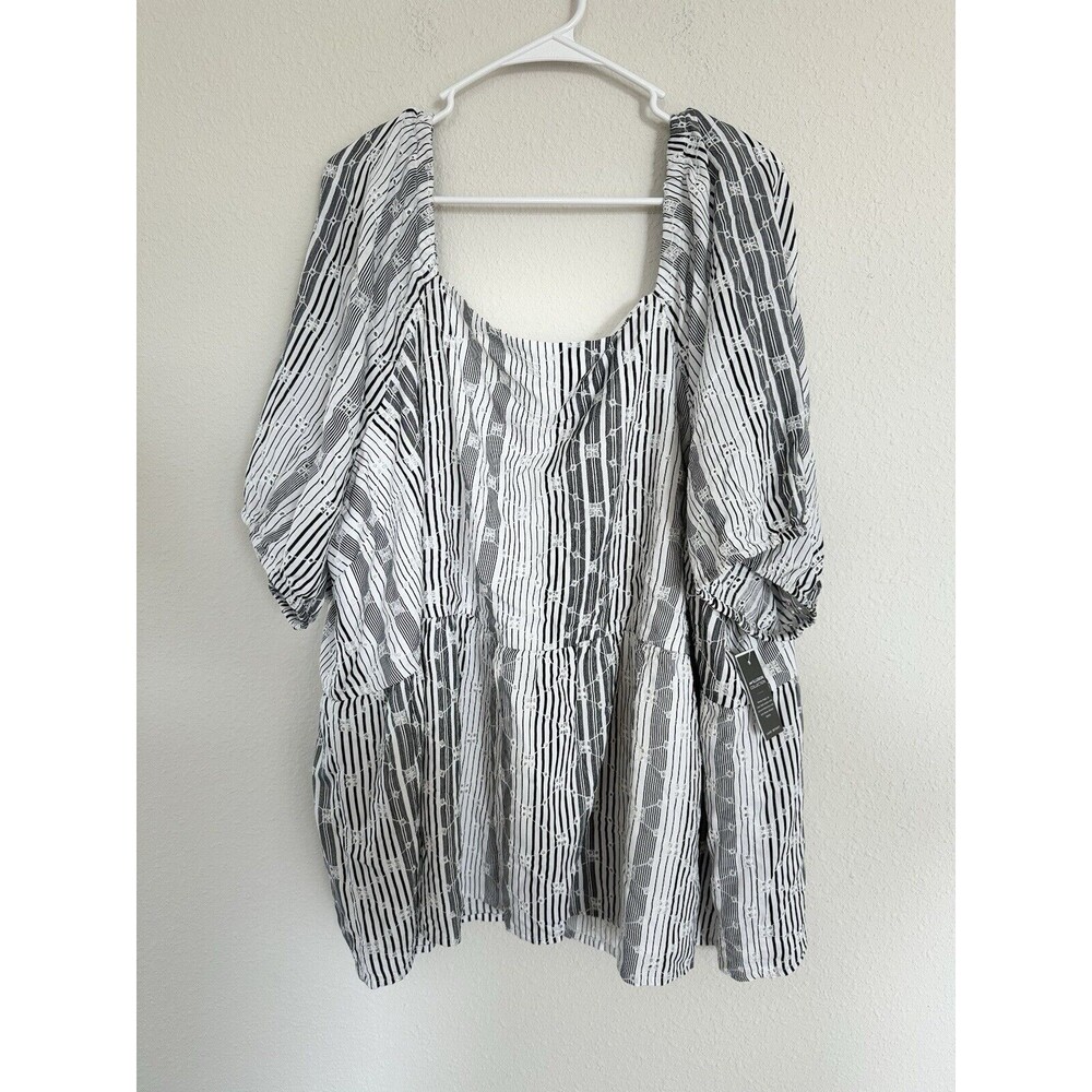 NWT Lane Bryant  Peplum Top Black White Stripe Eyelet Short Sleeve Size 28